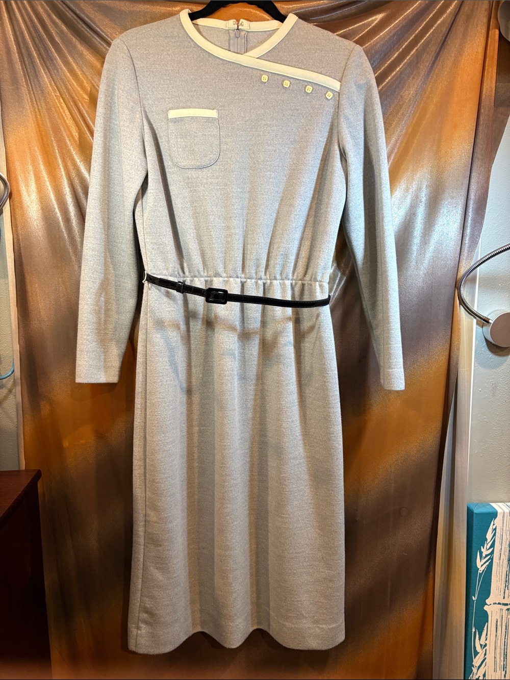 Vintage 70’s Classic Light Gray Long Sleeve Womens Dress Contrast Trim. Box YY